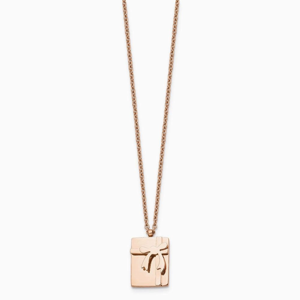 Stainless Steel Polished Pink IP plated Package & Bow with 2.5in ext. Neck