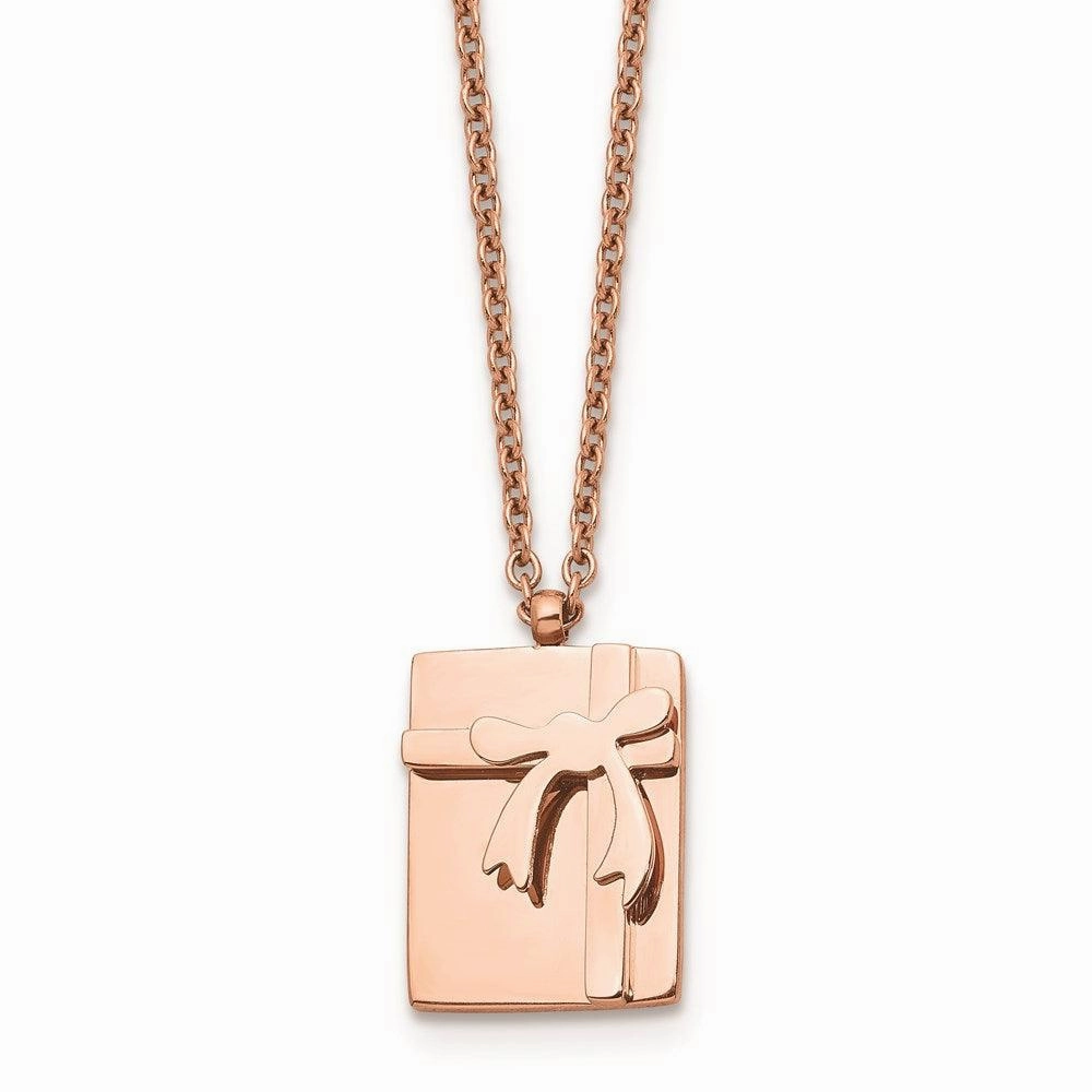 Stainless Steel Polished Pink IP plated Package & Bow with 2.5in ext. Neck