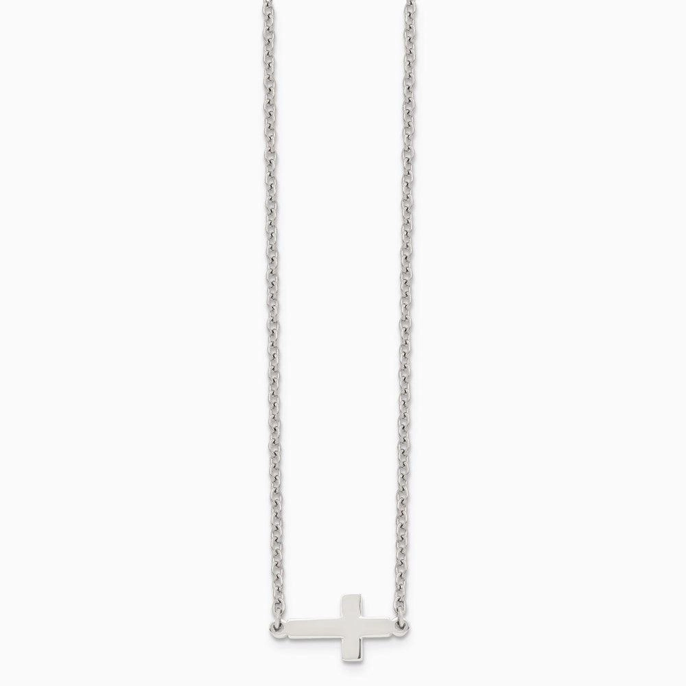 Stainless Steel Polished Sideways Cross 18in Necklace