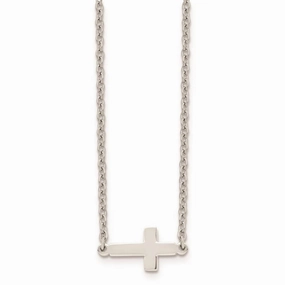 Stainless Steel Polished Sideways Cross 18in Necklace
