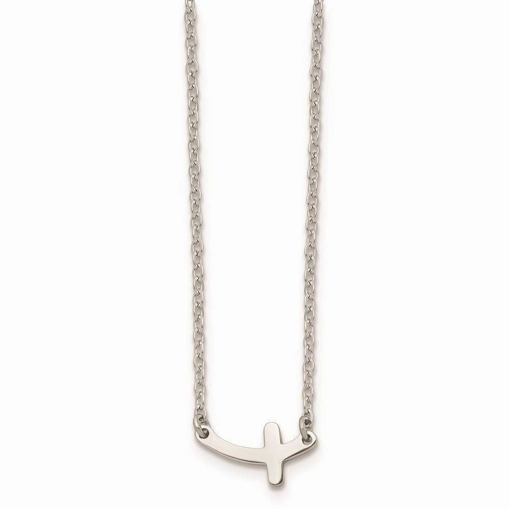 Stainless Steel Polished Sideways Cross 18in Necklace