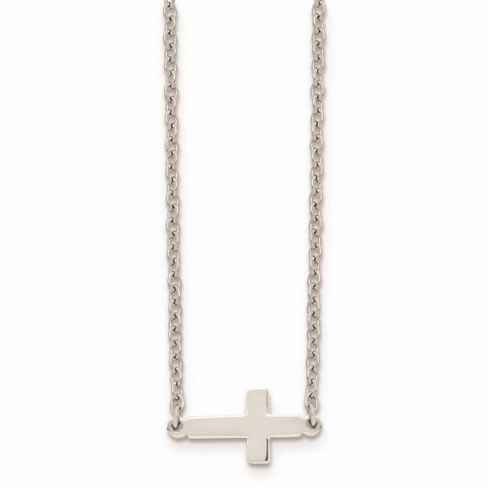 Stainless Steel Polished Sideways Cross 18in Necklace