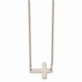 Stainless Steel Polished Sideways Cross Necklace