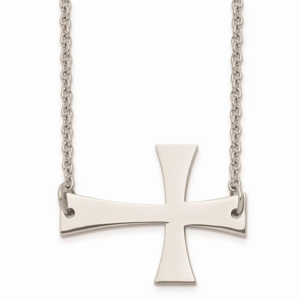 Stainless Steel Polished Sideways Cross Necklace