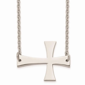 Stainless Steel Polished Sideways Cross Necklace