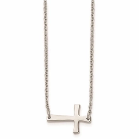Stainless Steel Polished Sideways Cross Necklace