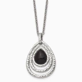 Stainless Steel Polished/Textured Black Onyx w/2in ext. Necklace