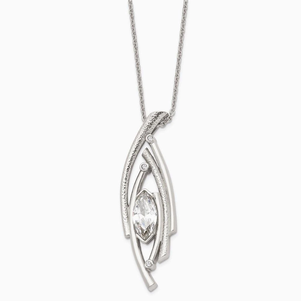 Stainless Steel Polished/Textured CZ w/2in ext. Necklace