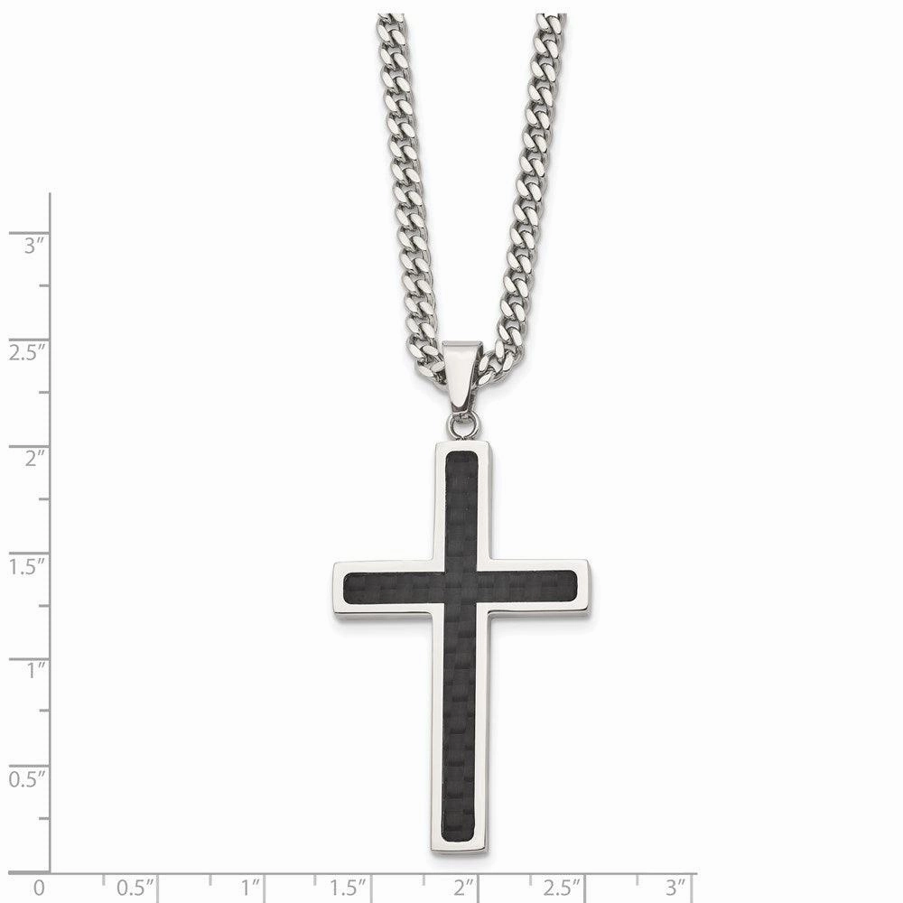 Stainless Steel Polished w/Black Carbon Fiber Cross 24in Necklace