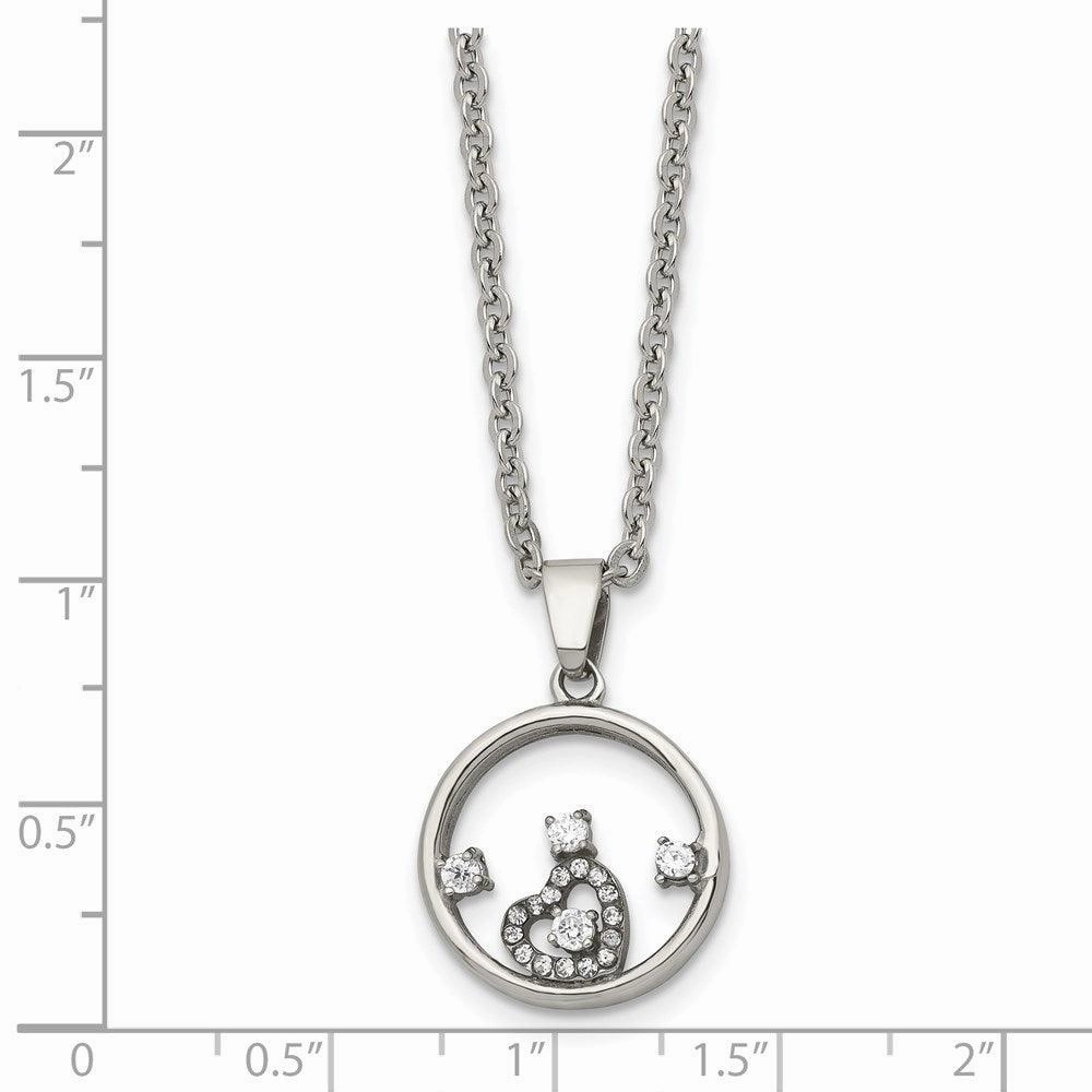 Stainless Steel Round with Heart CZ Polished Necklace