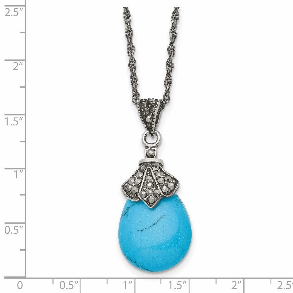 Stainless Steel Simulated Turquoise/Marcasite Antiqued Necklace