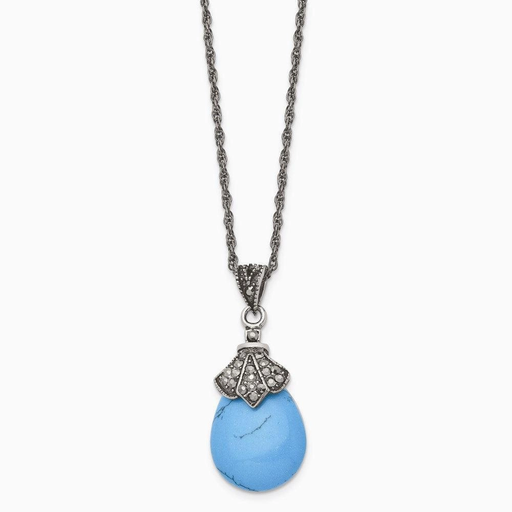 Stainless Steel Simulated Turquoise/Marcasite Antiqued Necklace