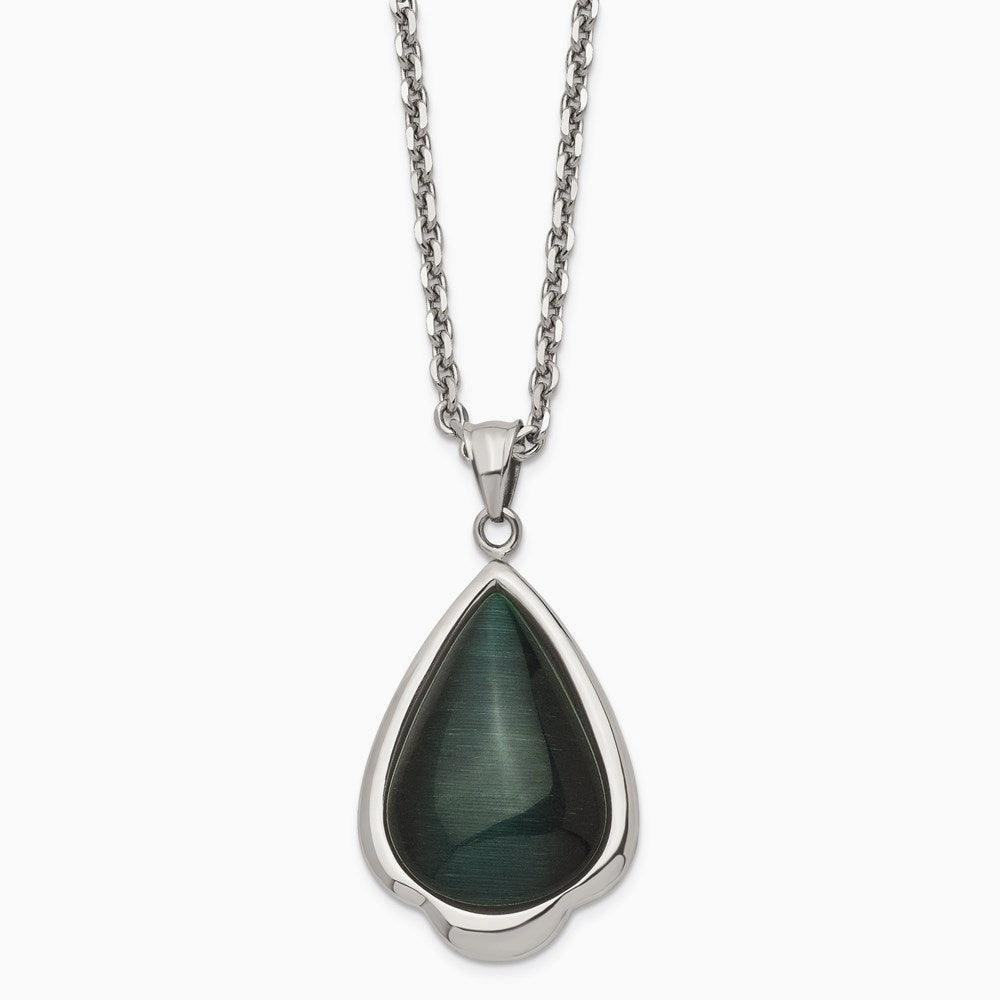 Stainless Steel Synthetic Green Cats Eye Teardrop 20in Necklace