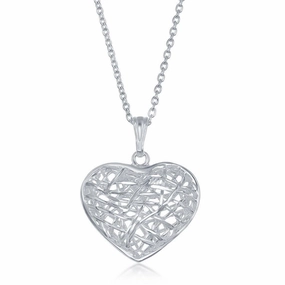 Sterling Silver 17 Inch Open Diamond Cut Heart Necklace