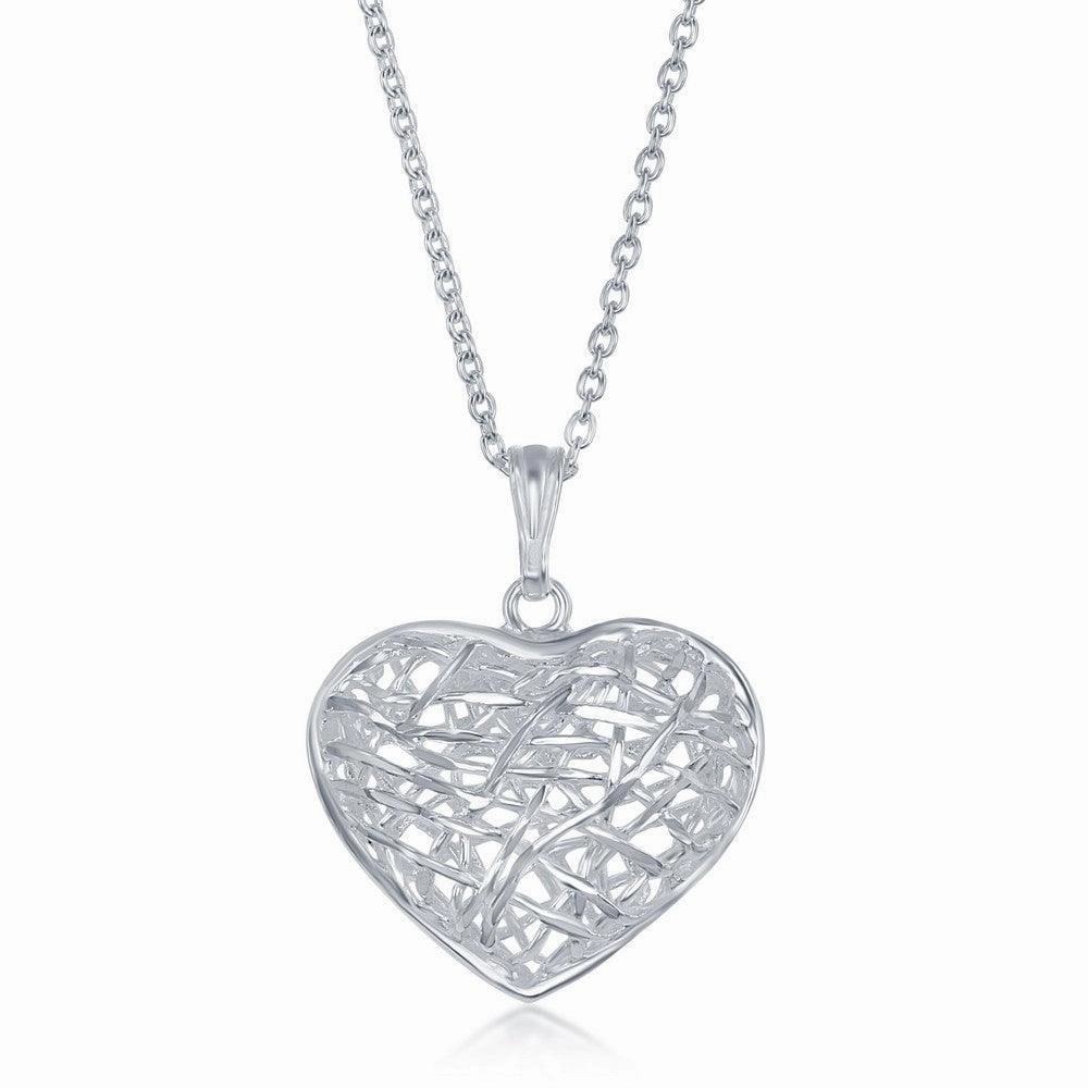 Sterling Silver 17 Inch Open Diamond Cut Heart Necklace