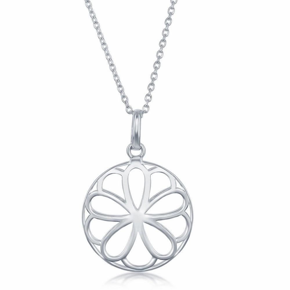 Sterling Silver 17 Inch Round With Flower Necklace
