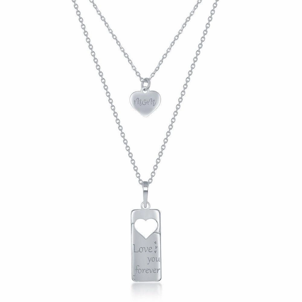 Sterling Silver 2PC Tag Heart Necklace Set - 16 2 Inch  Love You Forever Tag & 14 2 Mom Heart