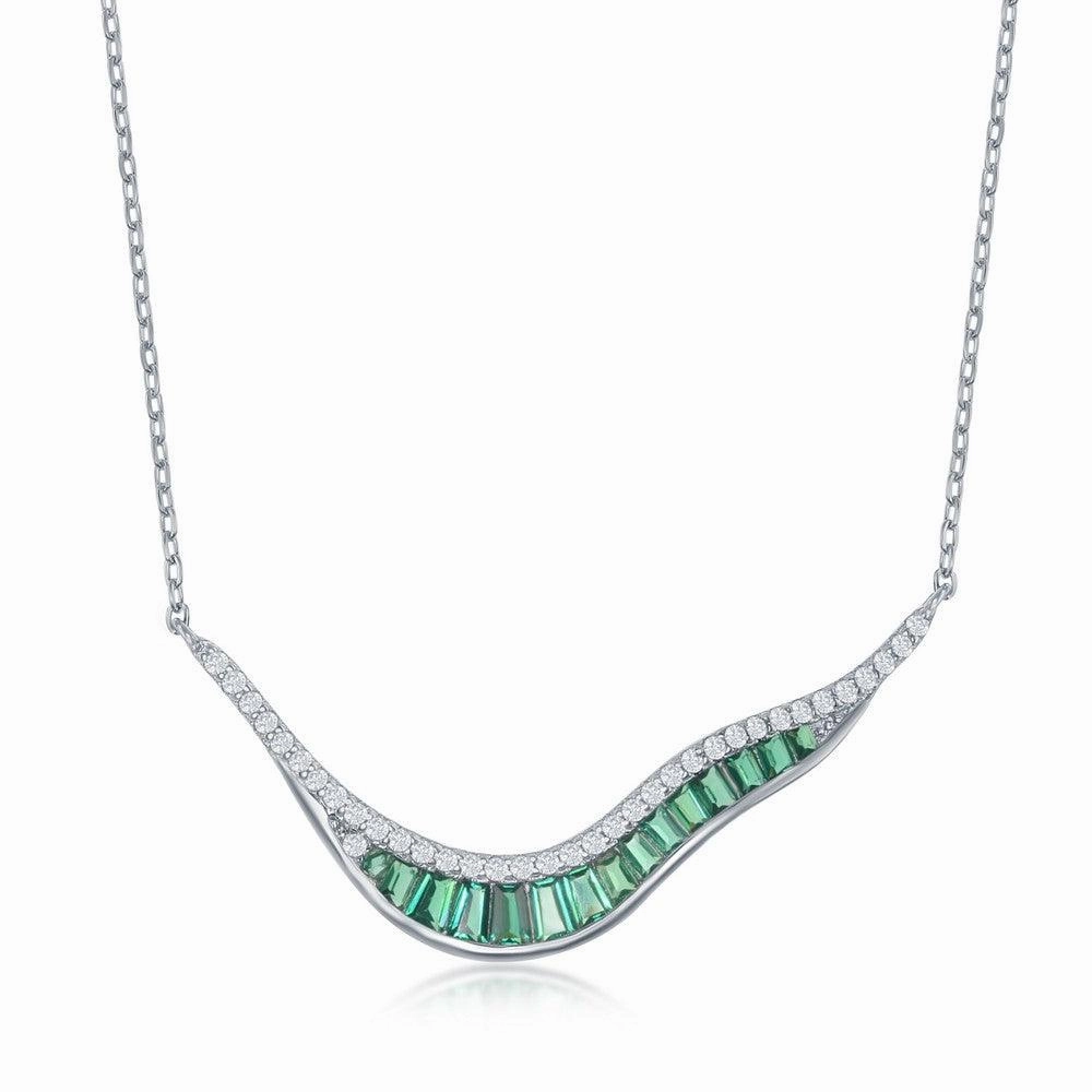 Sterling Silver 'V' Baguette Green Cubic Zirconia Necklace