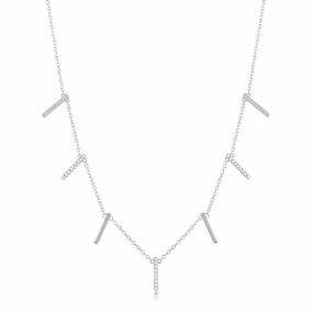Sterling Silver Alternating Plain & CZ Vertical Bars Necklace