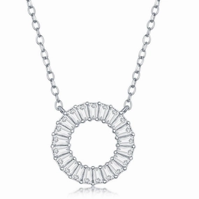 Sterling Silver Baguette Cubic Zirconia Open Circle Necklace