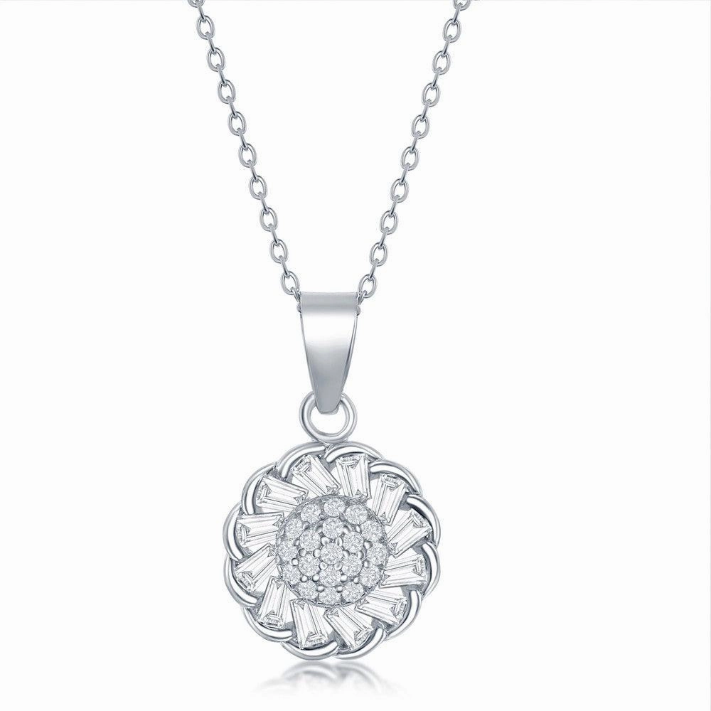 Sterling Silver Center and Baguette CZ Border Flower Necklace