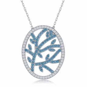 Sterling Silver Center Torqouise Branch Design with CZ Border Necklace