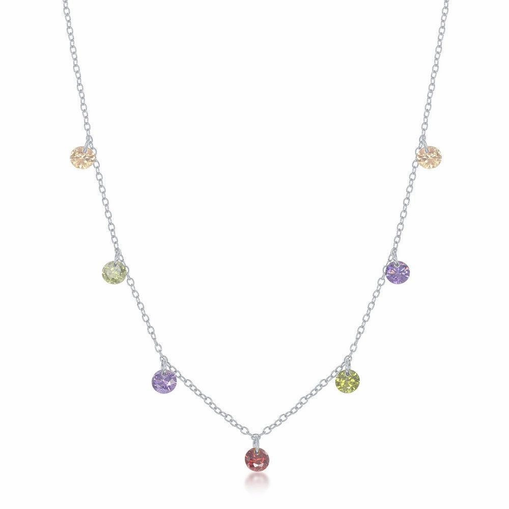 Sterling Silver Dangling Rainbow Cubic Zirconia Necklace