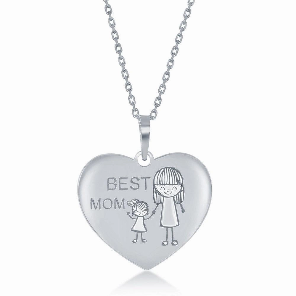 Sterling Silver Engraved Best Mom Mom and Daughter Heart Necklace