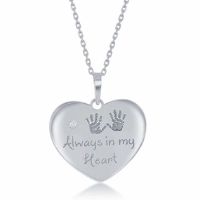 Sterling Silver Engraved Hand Prints Always in my Heart Single CZ Heart Necklace