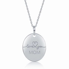 Sterling Silver Engraved  Love You Mom Oval Necklace