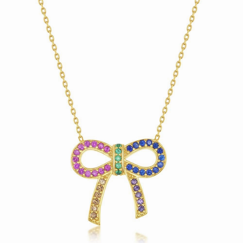 Sterling Silver Gold Plated Rainbow CZ Bowknot Necklace
