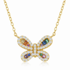 Sterling Silver Gold Plated Rainbow CZ Butterfly Necklace