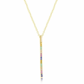 Sterling Silver Gold Plated Rainbow CZ Vertical Bar Necklace