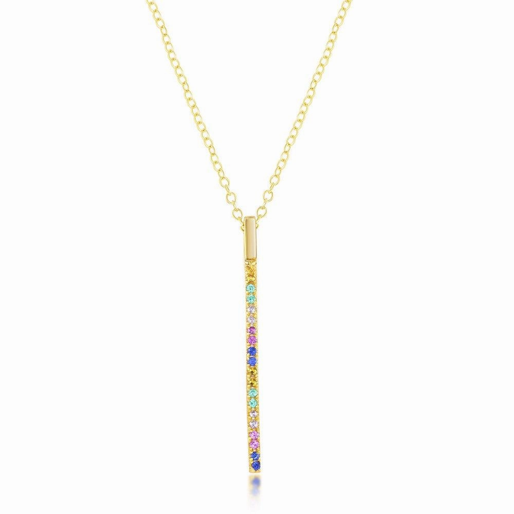 Sterling Silver Gold Plated Rainbow CZ Vertical Bar Necklace