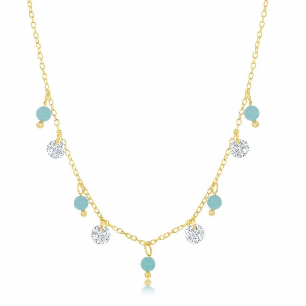 Sterling Silver GP Alternating Created Turquoise and CZ Necklace
