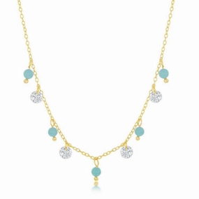 Sterling Silver GP Alternating Created Turquoise and CZ Necklace