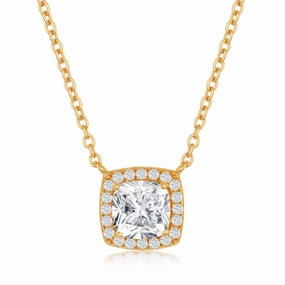 Sterling Silver GP Princess-Cut with CZ Border Necklace