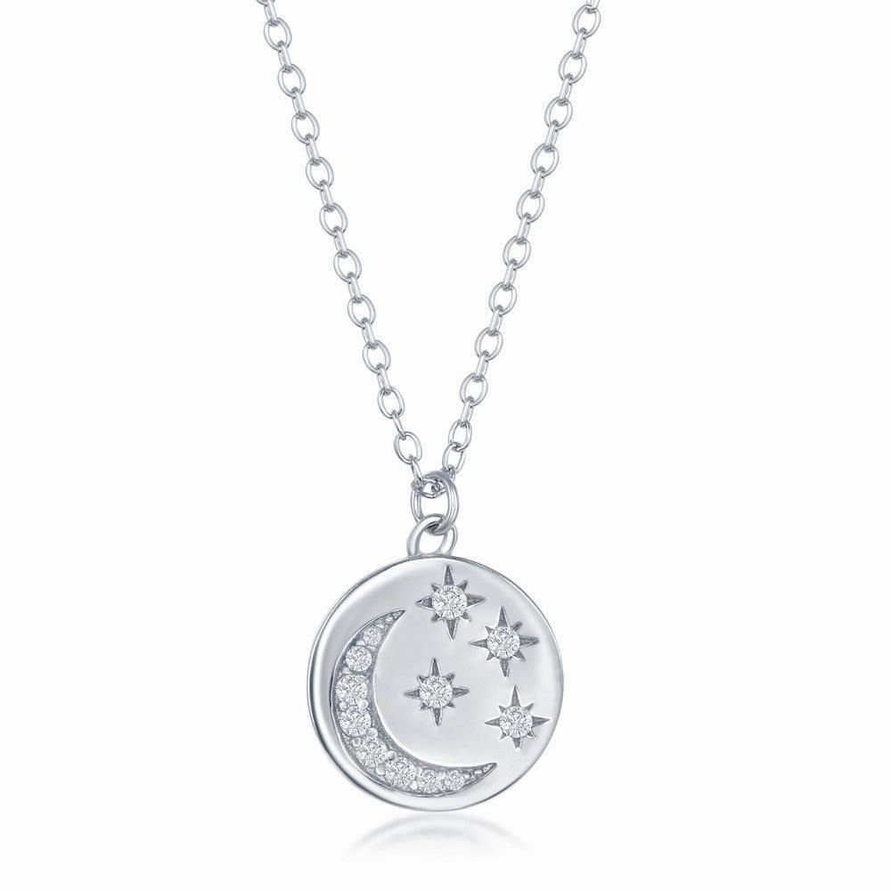 Sterling Silver Moon and Stars Cubic Zirconia Necklace