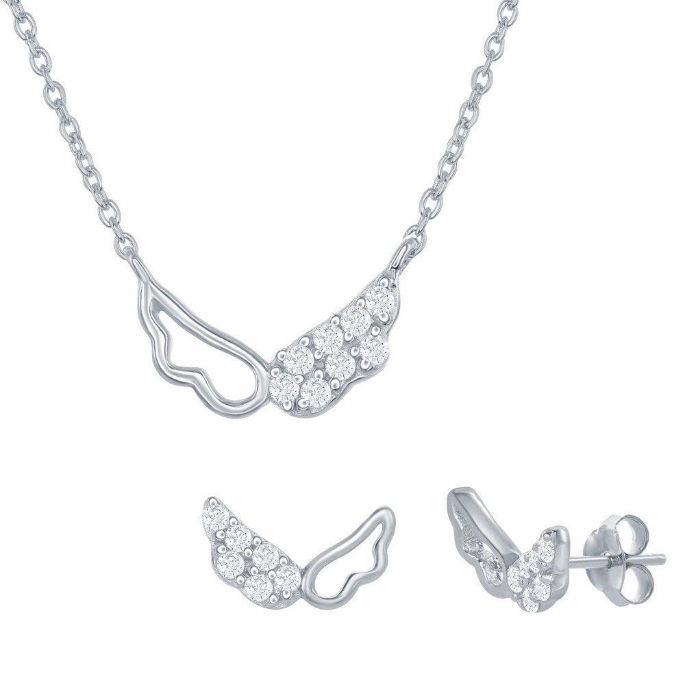 Sterling Silver Outline and CZ Wing Necklace and Earrings Set