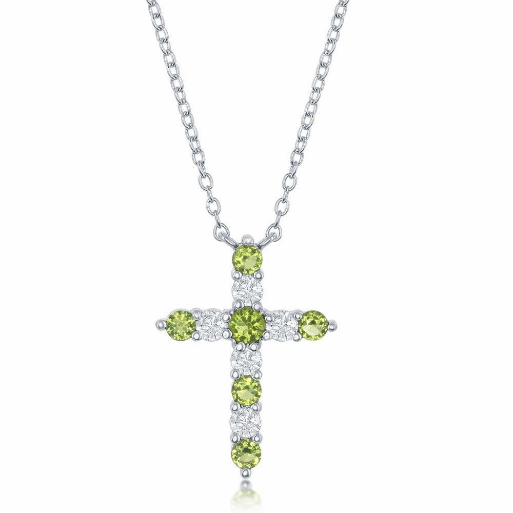 Sterling Silver Peridot CZ August Birthstone Cross Necklace