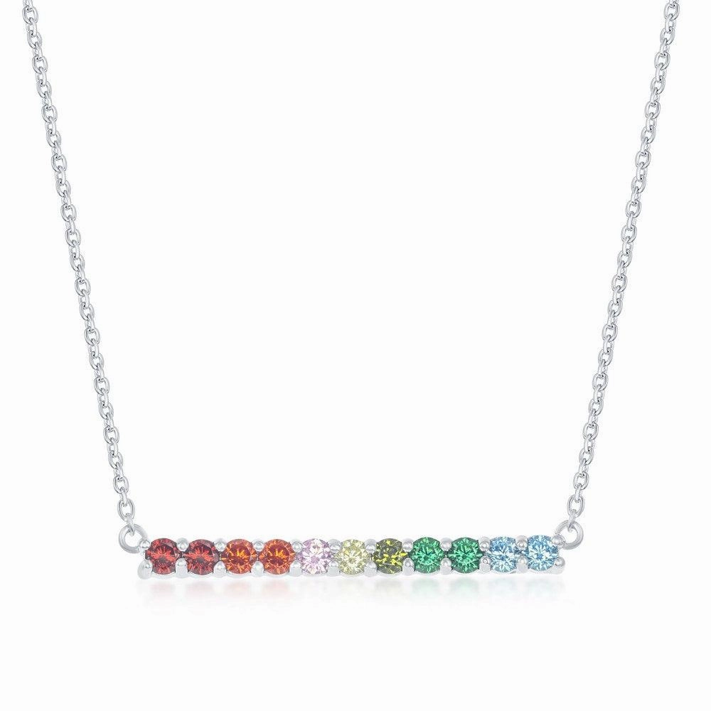 Sterling Silver Rainbow Cubic Zirconia Bar Necklace