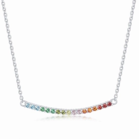 Sterling Silver Rainbow Cubic Zirconia Curved Bar Necklace
