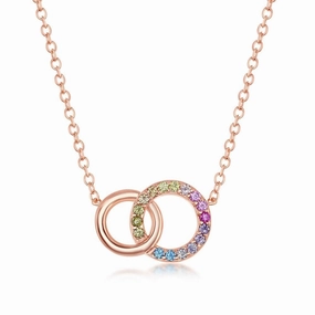 Sterling Silver Rainbow CZ Double Linked Circle Necklace - Rose Gold Plated