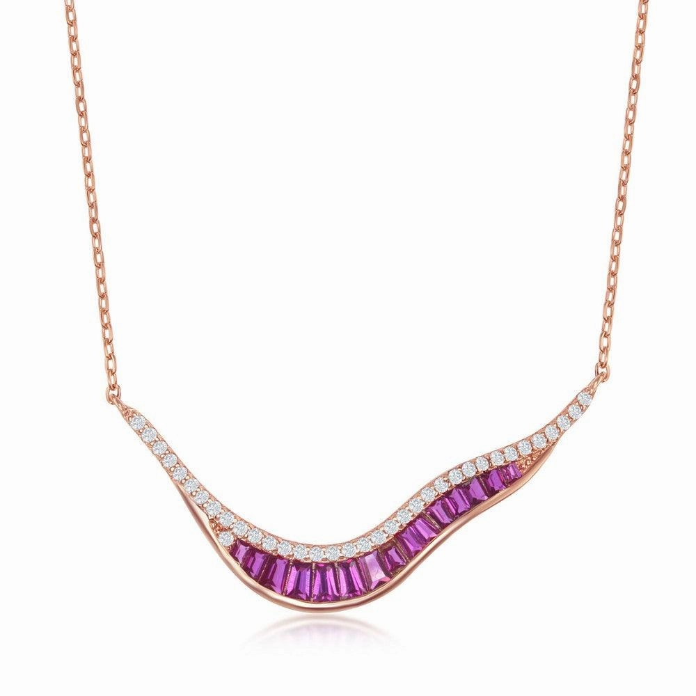 Sterling Silver Rose Gold Plated 'V' Baguette Ruby CZ Necklace