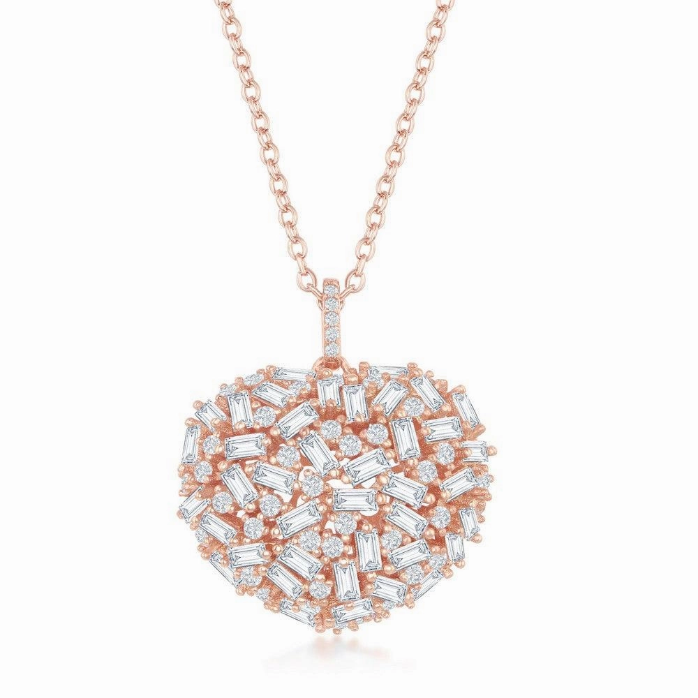 Sterling Silver Rose Gold White Baguette CZ Puffed Heart Necklace