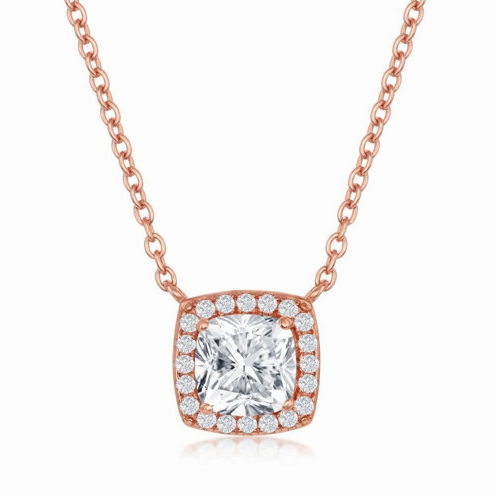 Sterling Silver Rose GP Princess-Cut with CZ Border Necklace