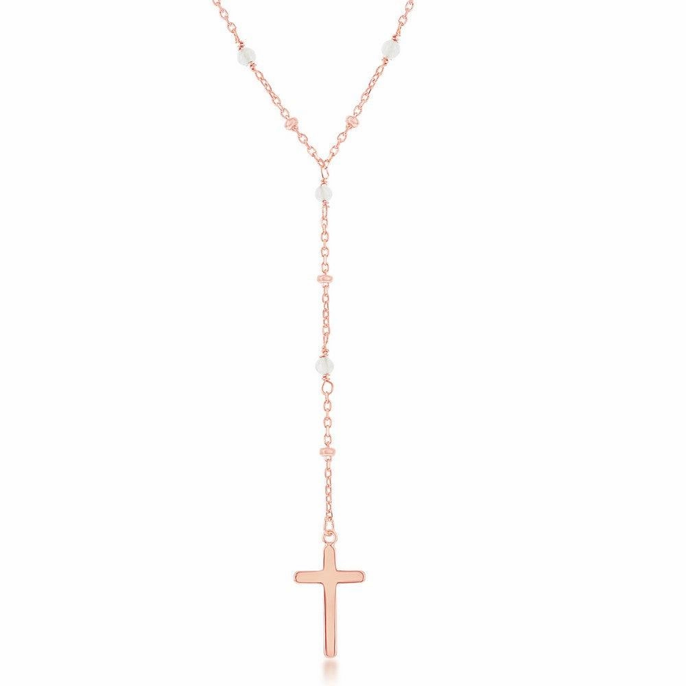 Sterling Silver Rose Quartz & Plain Beads Cross Rosary Necklace