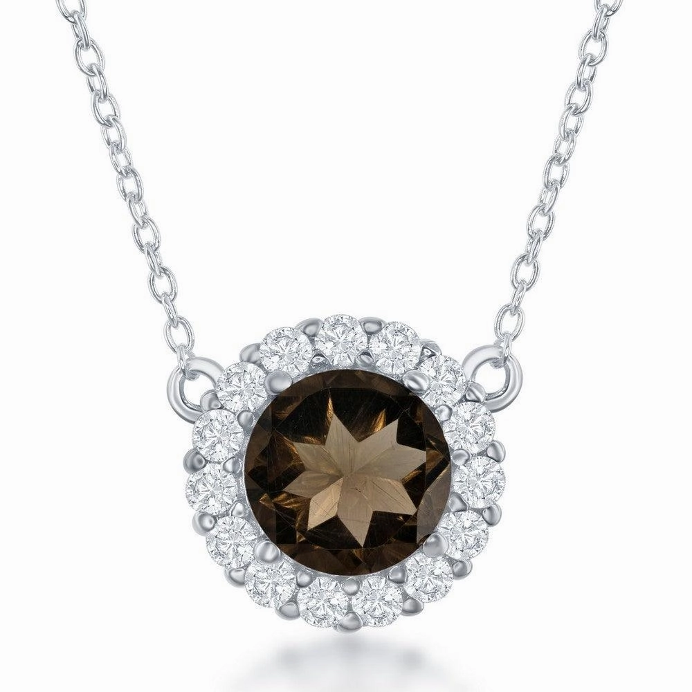 Sterling Silver Round Center Smoky with White Topaz Border Necklace