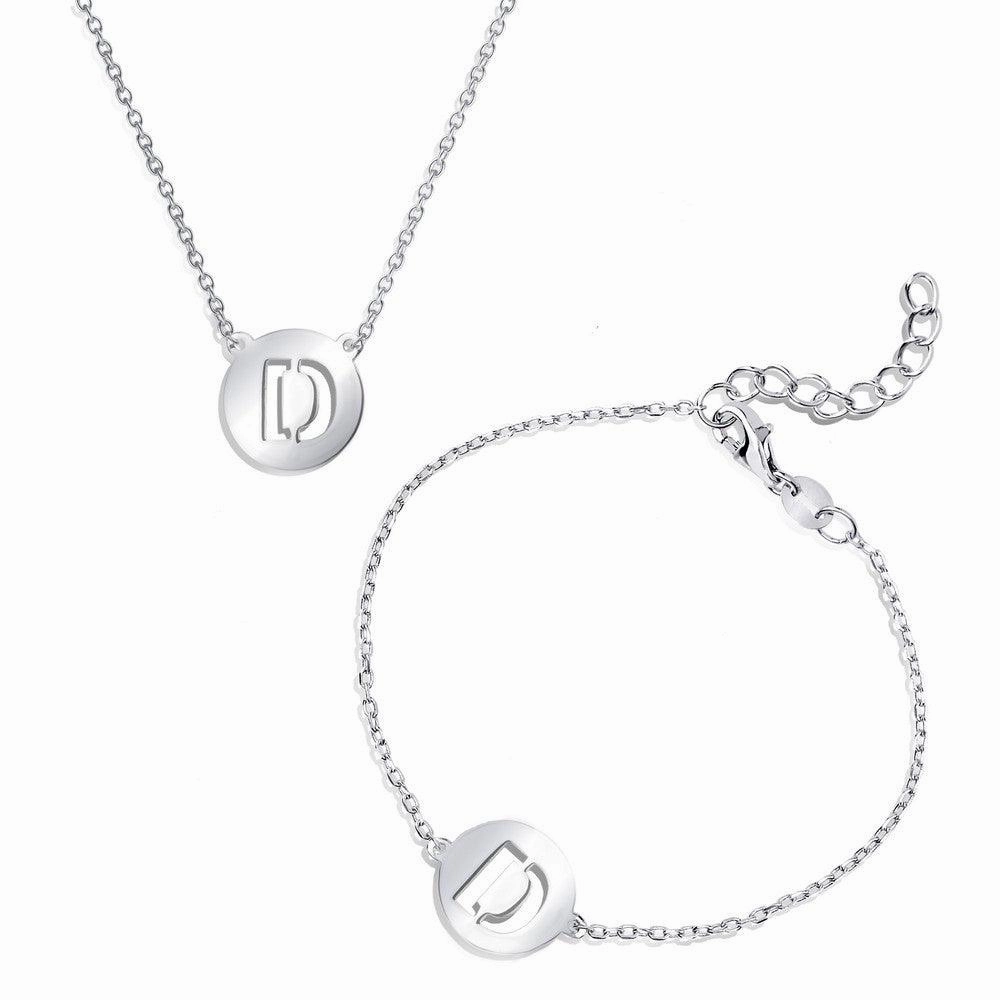 Sterling Silver Shiny 'D' Disc Initial Bracelet and Necklace Set