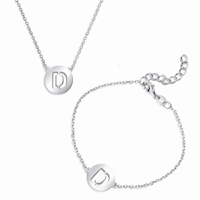 Sterling Silver Shiny 'D' Disc Initial Bracelet and Necklace Set